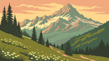 Fototapeta premium Peaceful Mountain Scenery Serene Landscape Vector Art Illustration