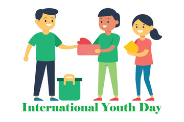 International Youth Day Vector – Young Volunteers Giving Food & Clothes, Kindness & Service Theme