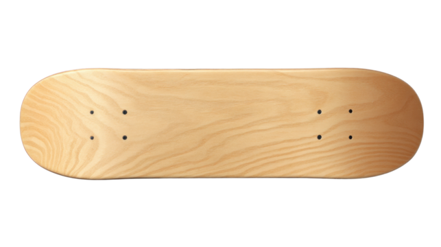 Skateboard Deck: A pristine, unadorned skateboard deck made of light-colored wood, showcasing the natural grain patterns and awaiting the touch of an artist or the thrill of a ride.