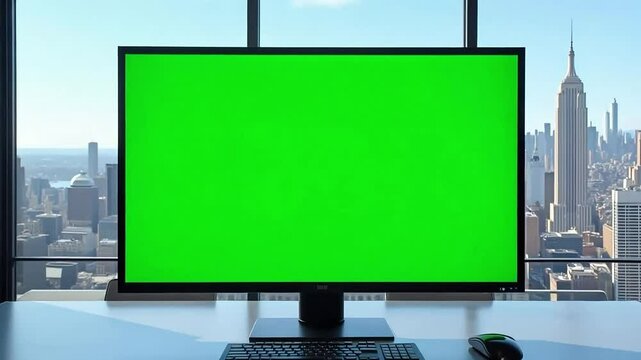Stock footage of green screen computer monitor with new york city skyline view background