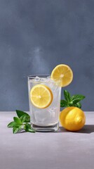Lemonade cold minimalist concept. Refreshing lemonade with ice and mint, garnished with lemon slices.