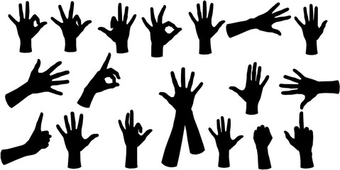 Diverse hand silhouette, hands vector collection. Unity, community concept. Isolated on white background. hand Gestures, sign language. Support, cooperation, teamwork