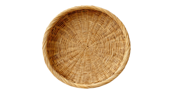 Rustic Woven Basket: A beautifully crafted, circular woven basket with intricate spiral patterns and a warm, natural tone, exuding a sense of handcrafted artistry and simplicity.