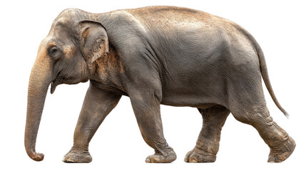 Obraz premium Majestic Elephant on the Move: A magnificent Asian elephant, its wrinkled gray skin and large ears hinting at wisdom, strides confidently against an isolated background.
