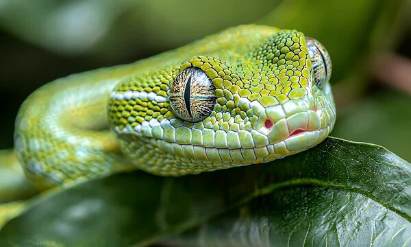 Detailed Macro of a Bright Green Tree Snake Resting On a Dark Green Leaf in Natural Light
