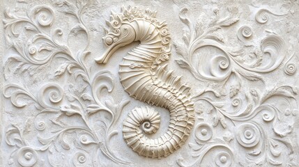 Ornate seahorse relief on textured wall