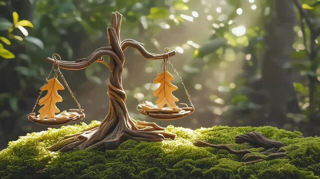 Mossy forest with delicate balance scale, tree roots and foliage, symbiosis and ecological balance.