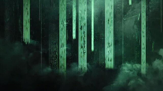 Dark, ethereal forest scene with glowing, vertical lines.  Misty, green tones