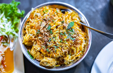 Chicken biryani served in indian restaurant