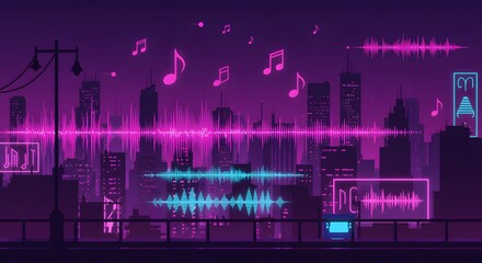 Naklejka premium Neon Cityscape Night Music Wallpaper Vibrant Sound Waves