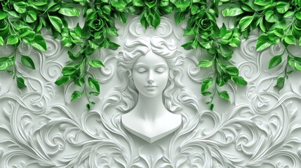 Ornate white relief sculpture of a woman's head, adorned with lush green foliage