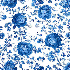 Blue Porcelain Roses in Vintage Floral Pattern Digital Illustration
