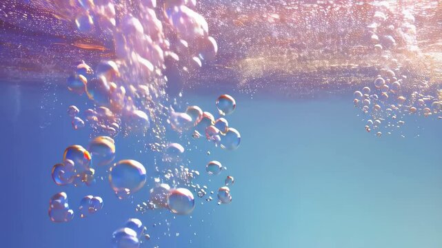 Mesmerizing ascent of vibrant bubbles in tranquil underwater realm with sunlit reflections