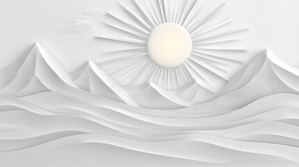 Abstract white landscape with mountains and sun