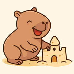 Cute Capybara Building Sands Castle at the beach