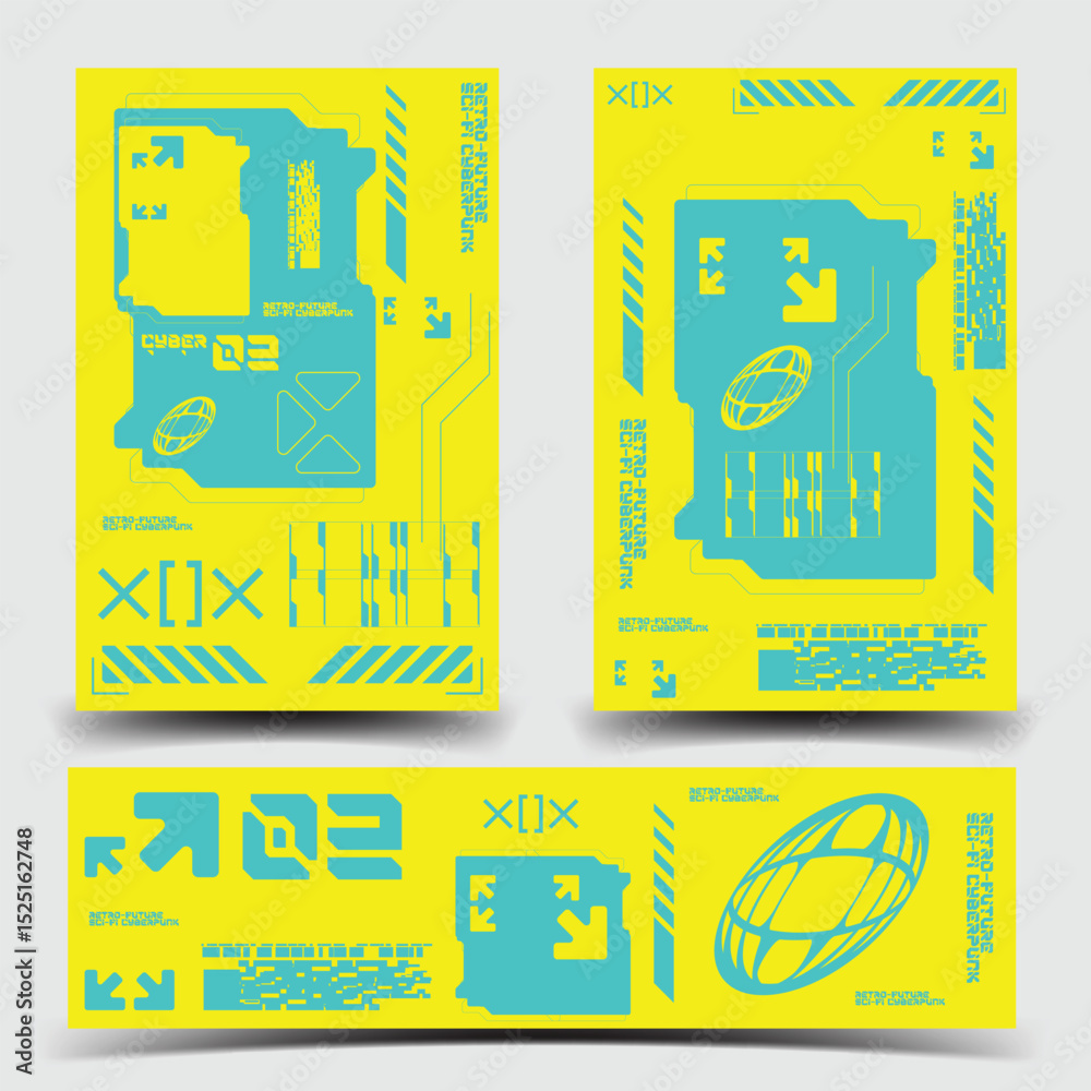 Wall mural y2k 2000s scifi cyberpunk retro-futuristic layout template set dashboard for ux-ui application, 2d v