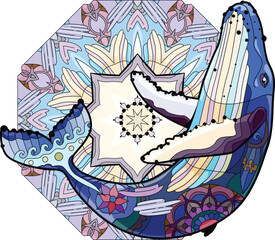 Swimming whale for anti stress Coloring Page.