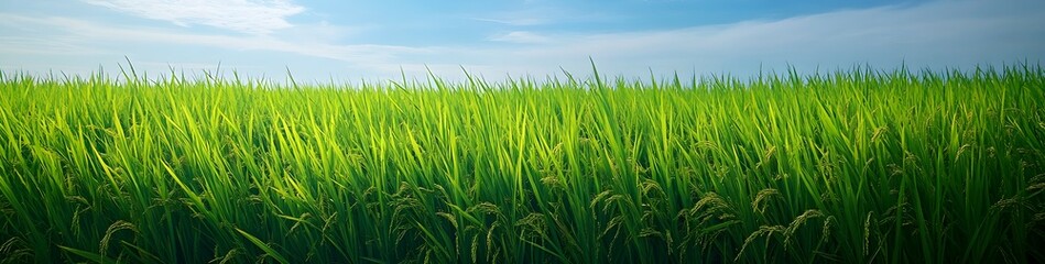 Fototapeta premium A dense ripening rice field under a bright and clear blue sky.