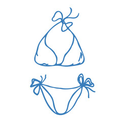 Hand drawn blue bikini in doodle style. Mediterranean summer icon, element for italian print, invitation. Amalfi Ink sketch design. Flat tropical minimalist isolated vector illustration.