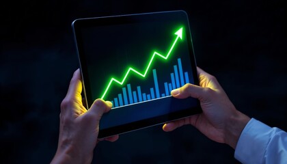 Financial Growth in Hand: A pair of hands gracefully cradles a digital tablet, the screen illuminating a vibrant green graph indicating financial growth