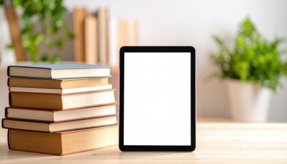 Tablet Display On Wooden Desk With Books
