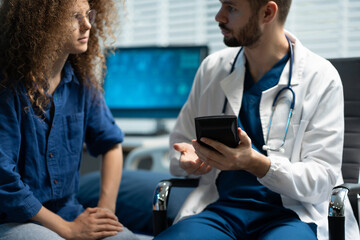 Doctor use a service fee calculator to save money on health insurance, drug cost concept.