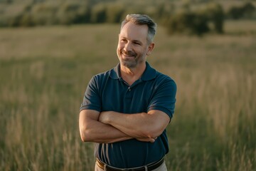 Obraz premium A Portrait of a Man in a Field at Golden Hour: A Study in Relaxed Confidence and Rural Serenity