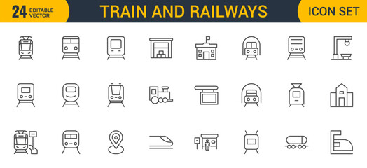 Set of Outline train and railways icon set. intercity, international, freight trains, linear icons. Outline icon collection.