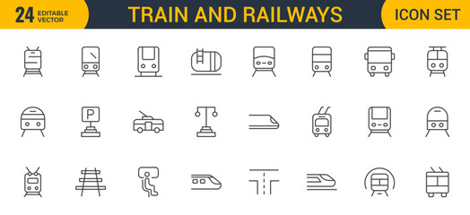 Set of Outline train and railways icon set. intercity, international, freight trains, linear icons. Outline icon collection.