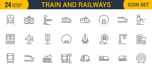 Set of Outline train and railways icon set. intercity, international, freight trains, linear icons. Outline icon collection.
