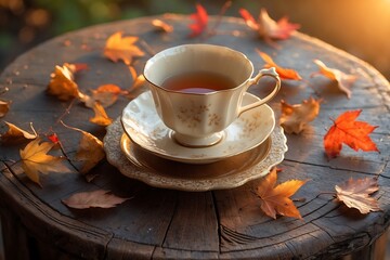 Autumn tea cozy fall leaves warm drink