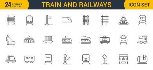 Set of Outline train and railways icon set. intercity, international, freight trains, linear icons. Outline icon collection.