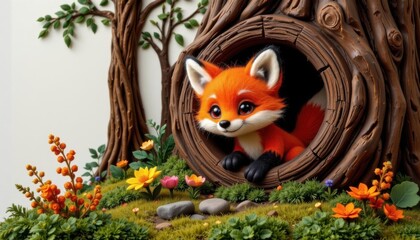 Fototapeta premium a wool felt art showing a playful red fox kit peeking out from a hollow log in a dense forest