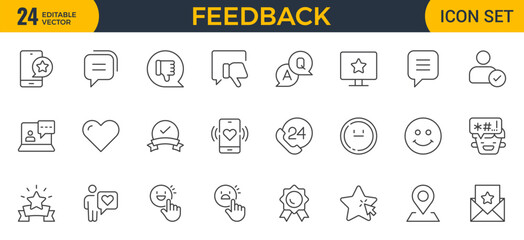 Set of line icons in linear style. Series - Feedback. Like, review and comment on Internet content. User opinion and survey. Outline icon. Concept