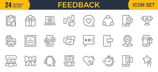 Set of line icons in linear style. Series - Feedback. Like, review and comment on Internet content. User opinion and survey. Outline icon. Concept