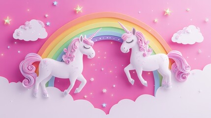 Two pastel unicorns under a rainbow on pink clouds