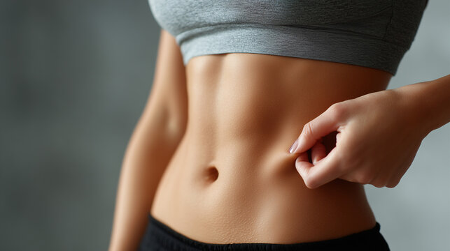 Toned female abdomen with hand pinching skin, fitness and healthy body concept, close up of slim waist and belly, natural skin texture visible, wearing gray sports top and black pants