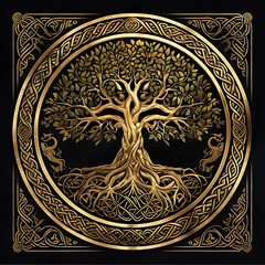Celtic Tree of Life with Ornate Gold Circle Frame Digital Illustration