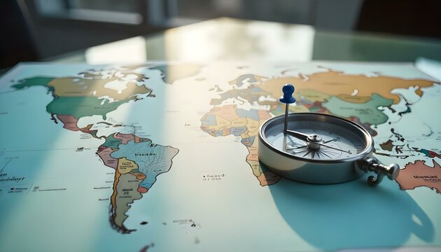 Travel. Image of a modern magnetic compass and a blue pin highlighting a location on a vibrant world map.
