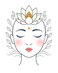 A Calm Face with a Blooming Lotus Flower on the Forehead, Surrounded by Minimal Line Art Waves and Leaves. CLean Vector Style, Perfect for Meditation, Therapy and Personal Growth Topics