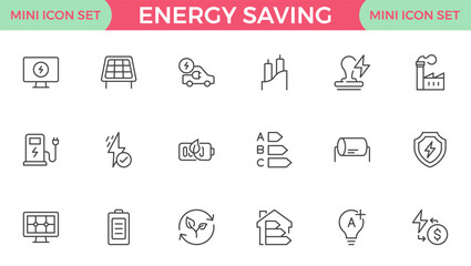 Energy Saving outline icon set with conservation, reduce waste, consumption, management, efficiency, gas emission and green house. Eco related icons Energy Costs, Power ConsumptionGreen House