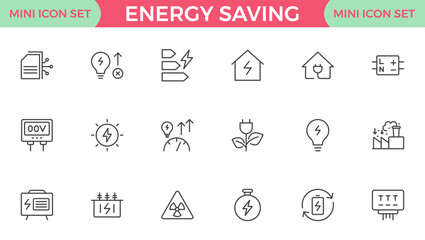 Energy Saving outline icon set with conservation, reduce waste, consumption, management, efficiency, gas emission and green house. Eco related icons Energy Costs, Power ConsumptionGreen House