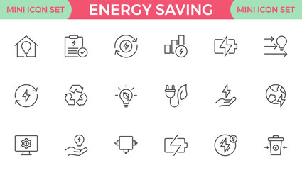 Energy Saving outline icon set with conservation, reduce waste, consumption, management, efficiency, gas emission and green house. Eco related icons Energy Costs, Power ConsumptionGreen House