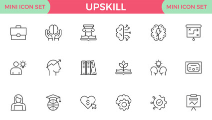 Set of Outline icons related to upskill, upskilling, personal growth, development, education, career. Outline icon collection.