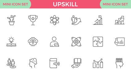 Set of Outline icons related to upskill, upskilling, personal growth, development, education, career. Outline icon collection.