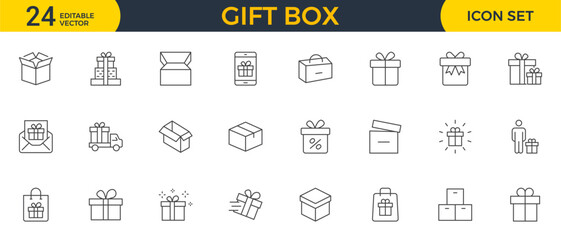 Set of Gifts Related Vector Line Icons. Contains such Icons as Gift Card, Present Offer, Ribbon and more. Quality Icons that Enhance Branding, Digital Designs, and Print Media