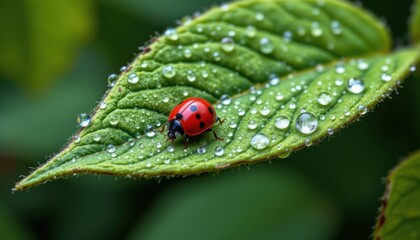a wool felt art capturing a bright red ladybug crawling on a fresh green leaf covered with morning dew