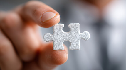 Close up of hand holding single white puzzle piece with textured surface, symbolizing problem solving and connection in thoughtful and focused manner