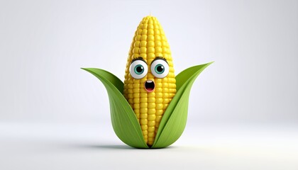 A cartoon corn cob with big eyes and a surprised expression.