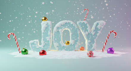 Festive joy concept with snow-covered letters and candy cane decorations for christmas celebration
